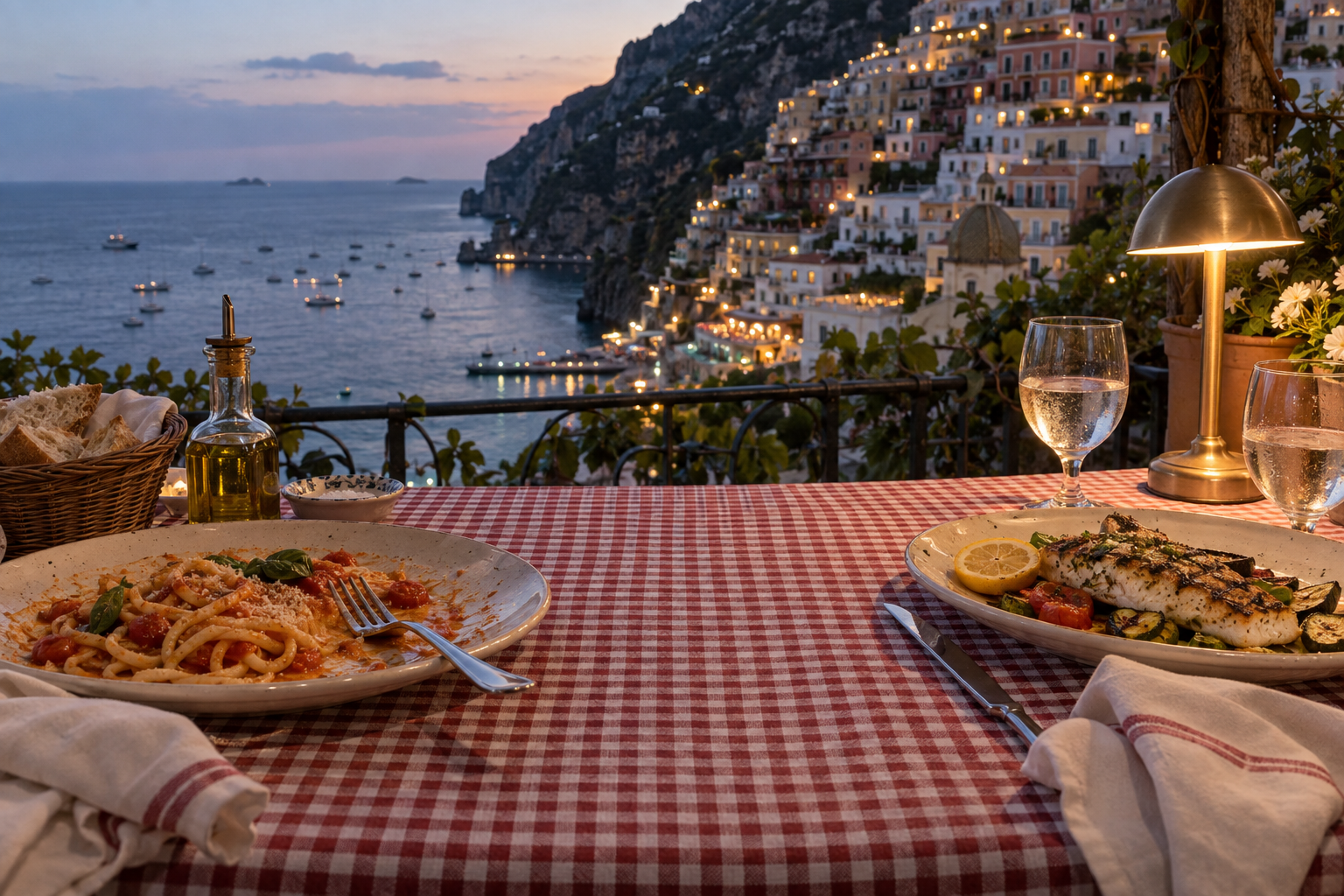 An imagined Positano dinner with gingham linen, pasta, grilled fish and a warm table lamp